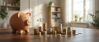 Ceramic piggy bank with stacked coins and financial growth percentages on wooden desk in bright home office setting.