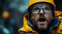 Surprised bearded Caucasian male construction worker in yellow hard hat, safety glasses and bright raincoat looking up with amazed expression against dark background.
