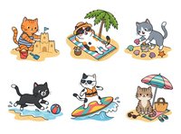 Cute animals enjoying summer beach activities, including cats and dogs building sandcastles, relaxing under umbrellas, playing with beach toys, and surfing in water. Isolated clipart set.