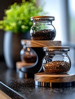 Glass jars filled with black peppercorns displayed on wooden stands against blurred background, creating modern kitchen decor with natural spice storage solution.