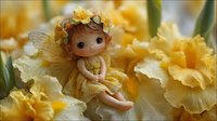 Adorable fairy figurine with golden wings sitting among bright yellow daffodil flowers, fantasy garden scene for spring decoration and magical storytelling.