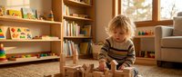 Young blonde toddler boy playing with wooden toy blocks on carpet in cozy living room with organized shelves and natural sunlight streaming through window.