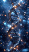 Glowing DNA double helix structure with luminous particles and bokeh lights on blue cosmic background for genetics research and biotechnology concepts.