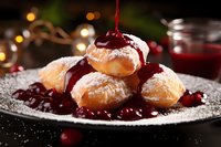 Powdered sugar donuts with cherry sauce drizzled on top, festive holiday dessert presentation with warm bokeh lights and seasonal decorations in background.
