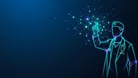 Digital doctor silhouette holding glowing brain with neural network connections on dark blue background for medical technology and AI healthcare concepts.