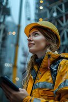 Young female construction engineer in yellow safety helmet and raincoat looking up at industrial site. Atmospheric moody portrait perfect for construction, engineering, and safety concepts.