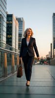 Mature woman professional walking confidently on urban bridge at sunset, carrying leather briefcase, wearing dark blazer and business attire, modern skyscrapers in background for corporate lifestyle.