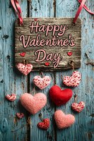 Rustic wooden sign with Happy Valentine's Day text and decorative hearts hanging on weathered blue door, romantic holiday decoration with pink and red hearts.