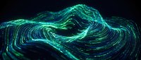Glowing turquoise and cyan digital waves flow across dark background, creating abstract data visualization effect for technology and innovation concepts.