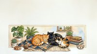 Cozy domestic cats resting on woven rug near window with houseplants and books creating peaceful home interior scene for lifestyle design.