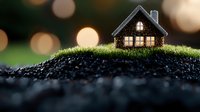 Miniature house glowing at dusk on mossy hill with bokeh lights background, creative macro photography composition showing cozy home atmosphere.