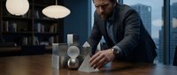 Professional businessman in dark suit arranging geometric white blocks on wooden desk in modern office with city view and pendant lighting.