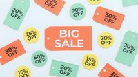 Colorful sale tags with discount percentages and big sale label on light background, retail promotion concept.