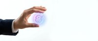 Businessman hand holding glowing purple gear icon on white background, representing technology, innovation, and digital business solutions for corporate design.