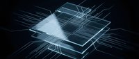 Futuristic computer processor chip with glowing circuits and light beams on dark background for technology and innovation concepts.