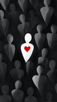 White silhouette with red heart standing out among gray figures on dark background, representing uniqueness, love and individuality in crowd concept.