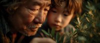 Elderly grandfather teaching young grandson about plants in garden, intergenerational bonding and nature education concept for family content.