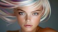 Young blonde woman with colorful rainbow hair highlights and blue eyes looking at camera with flowing hair motion for beauty and fashion concepts.
