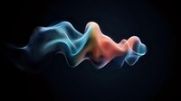 Ethereal smoke waves in coral and blue tones floating against dark background create abstract flowing pattern for modern design projects.