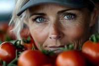 Close up portrait of mature Caucasian female farmer with bright blue eyes and blonde hair surrounded by fresh red tomatoes, expressing joy and satisfaction.
