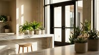 Modern minimalist bathroom interior with marble bathtub, wooden stool, green plants and natural sunlight streaming through black-framed glass doors.