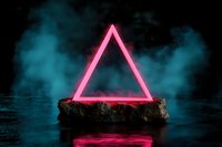 Glowing neon pink triangle on dark stone against mystical turquoise smoke background with water reflection creates atmospheric cyberpunk scene.