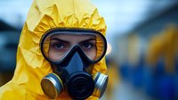 Person wearing yellow protective hazmat suit and respirator mask for biohazard and chemical safety, close-up portrait against blurred industrial background.