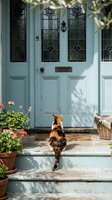 Tabby cat sitting on steps of vintage blue front door with stained glass panels and potted plants creating charming home entrance scene.
