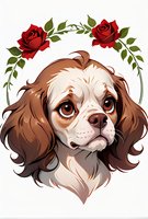 Adorable Cavalier King Charles Spaniel puppy portrait with red roses and green leaves arch frame on white background, isolated design for prints and decor.