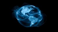 Glowing blue digital Earth globe with network connection lines against dark background showing Americas continents for global technology concepts.
