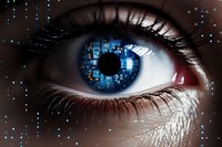 Close-up of human eye with digital circuit pattern in blue iris, symbolizing artificial intelligence, technology integration and future vision concept.