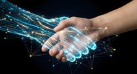 Human hand reaching toward glowing digital handshake with network connections and data streams representing AI partnership and future technology collaboration.