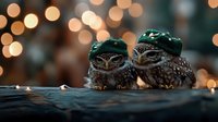 Two adorable burrowing owls wearing festive green knit hats sitting together on wooden surface with warm bokeh lights creating magical holiday atmosphere.