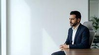 Confident male professional with dark hair and beard, wearing navy blazer and white shirt, seated at wooden desk in modern office with white walls and glass partitions, suitable for corporate, business, and leadership concepts.