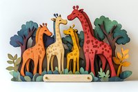 Colorful wooden giraffe family wall decor with trees and foliage. Layered cutout design features four giraffes in orange, beige, yellow and red against nature backdrop.