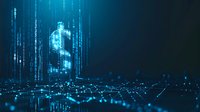 Digital dollar sign formed by glowing blue particles with matrix code streams and network connections on dark background, representing financial technology.