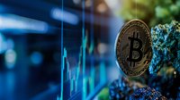 Golden bitcoin coin against blue trading chart background with crystal formations, representing cryptocurrency market trends and digital finance growth.
