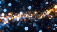 Glowing golden and blue hexagonal bokeh lights with sparkles on dark background create futuristic technology pattern for business presentations.