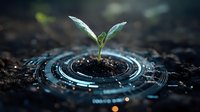 Young green seedling sprouting from soil with futuristic digital circular interface, symbolizing agricultural technology and sustainable farming innovation.