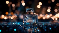Elegant perfume bottle with bokeh lights reflection on dark surface. Luxury fragrance in crystal glass container against blurred golden and blue sparkles.