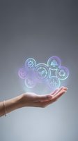 Hand holding glowing neon circular icons representing renewable energy, sustainability, and eco-friendly technology solutions for business and environmental conservation concepts.