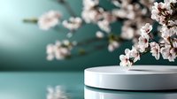 Delicate pink cherry blossoms on white ceramic podium against turquoise background, creating minimalist spring composition for product display or decoration.