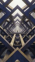 Solitary figure standing in symmetrical geometric tunnel with blue and gold chevron patterns creating vanishing point perspective.