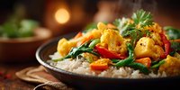 Colorful vegetable curry with bell peppers and herbs served over rice in rustic bowl, perfect for restaurant menus and healthy cooking content.