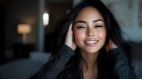 Young Asian woman with radiant smile and flowing dark hair wearing gray sweater poses naturally in soft ambient lighting against dark background.