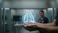 Holographic lungs floating above open palm in modern medical facility with healthcare professional in background for respiratory health concepts.
