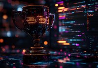 Trophy silhouette against programming code background with colorful bokeh lights and reflections creating futuristic esports or digital competition atmosphere.