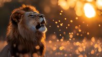 Majestic lion with glowing mane against golden sunset bokeh background, dramatic wildlife portrait capturing raw power and natural beauty in warm evening light.