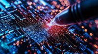Glowing circuit board with red and blue light effects, electronic pathways and digital connections on microchip surface, modern technology background with bokeh lights.