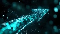 Glowing cyan arrow made of particles pointing upward on dark background, symbolizing growth, progress, and success in business and technology contexts.